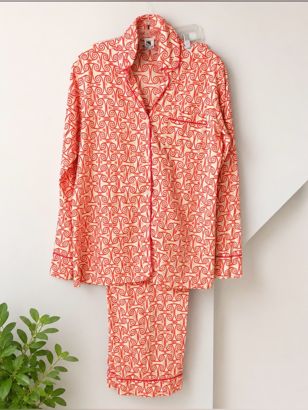 MALABAR BAY Pajama Set, Organic Cotton Salmon/Mint Colored Print, Medium.